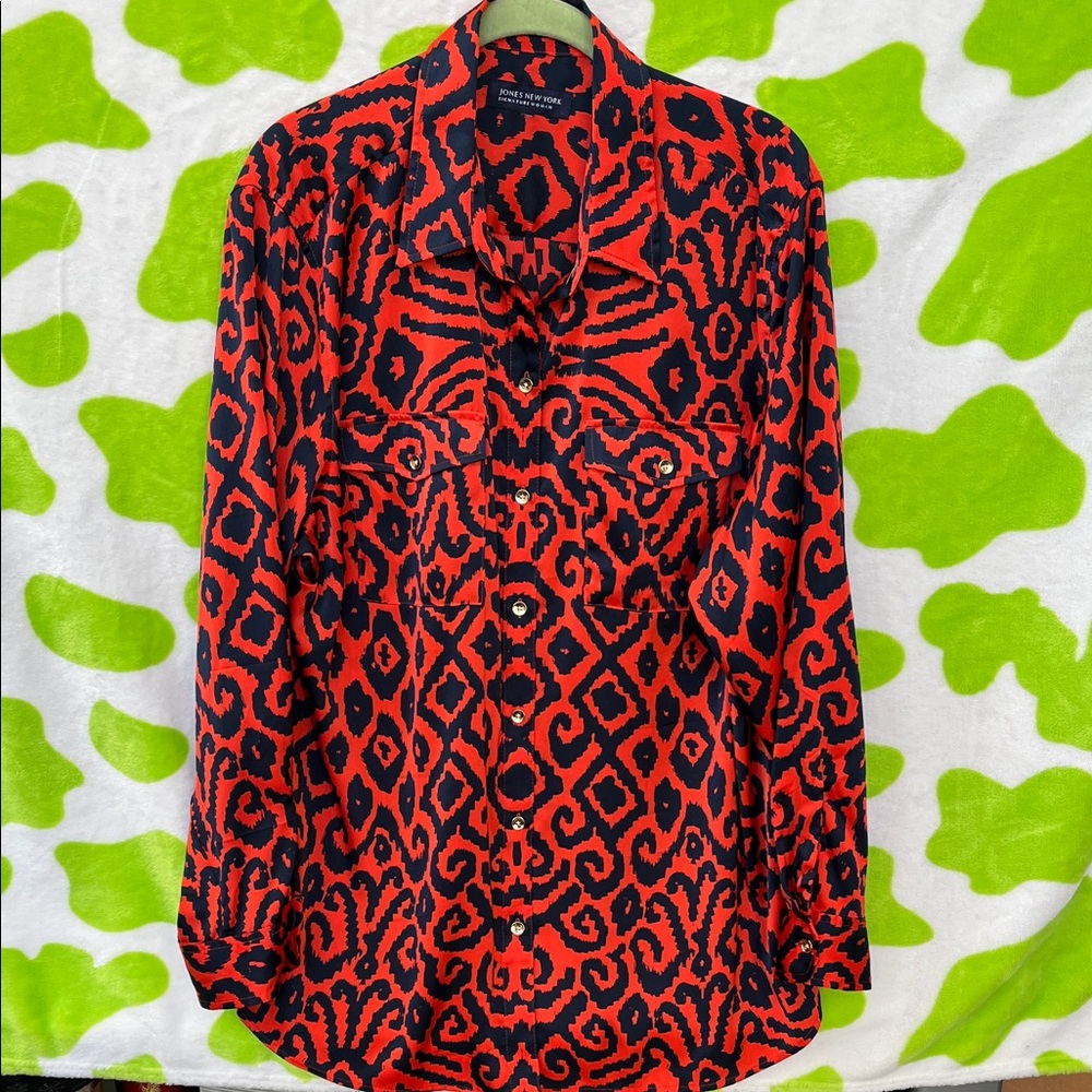 Jones New York signature women Red and Navy Blue Patterned Button Down Shirt